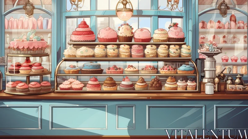 Charming Bakery Display with Cakes and Coffee Grinder AI Image