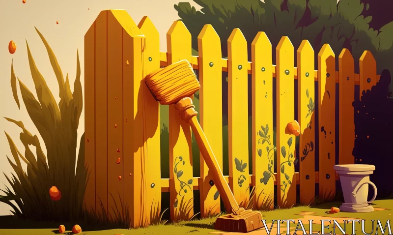 Charming Cartoon Realism: Wooden Fence and Paint Bucket AI Image