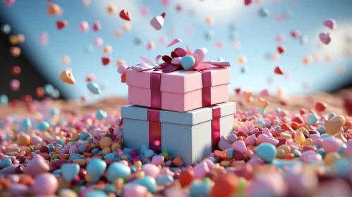 Colorful 3D Gift Boxes on Pebbles