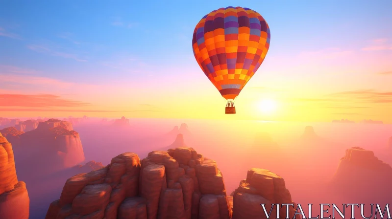 Colorful Hot Air Balloon Flying Over Majestic Canyon at Sunset AI Image