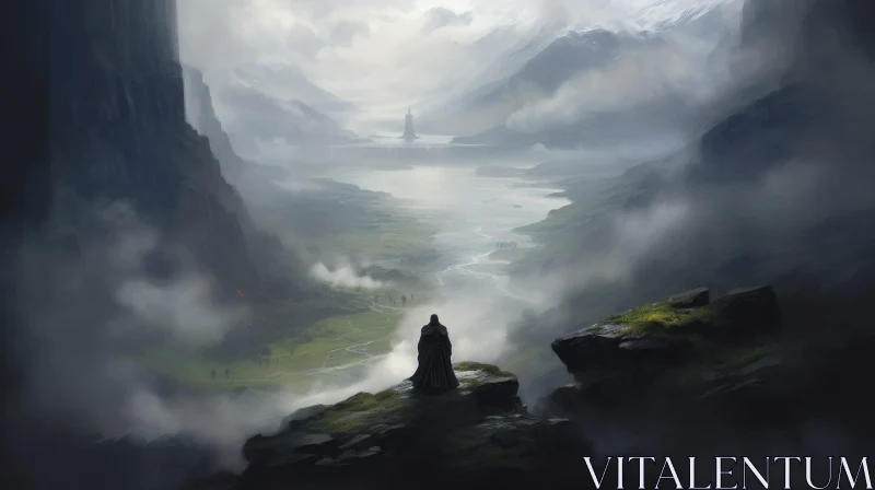 AI ART Dark Figure on Cliff overlooking Mist-filled Valley with Castle