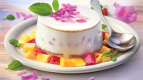 Delicious Panna Cotta with Fruit Salad and Edible Flowers