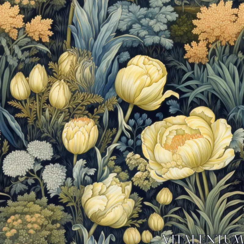 Detailed Floral Pattern on Dark Blue Background AI Image