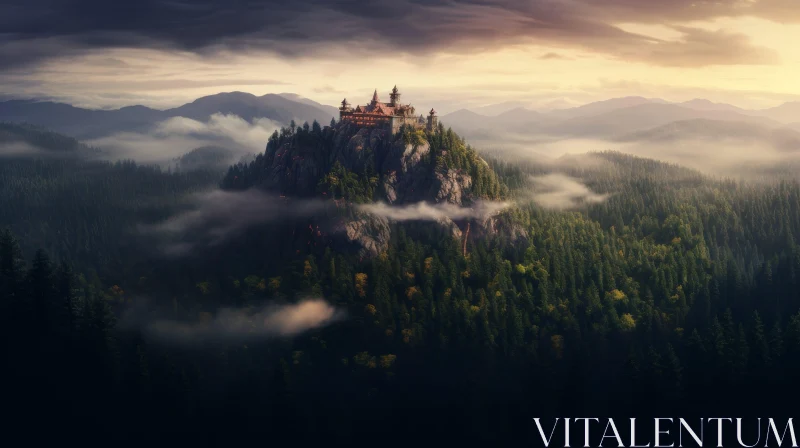 Enchanting Castle Landscape with Forest and Mountains AI Image