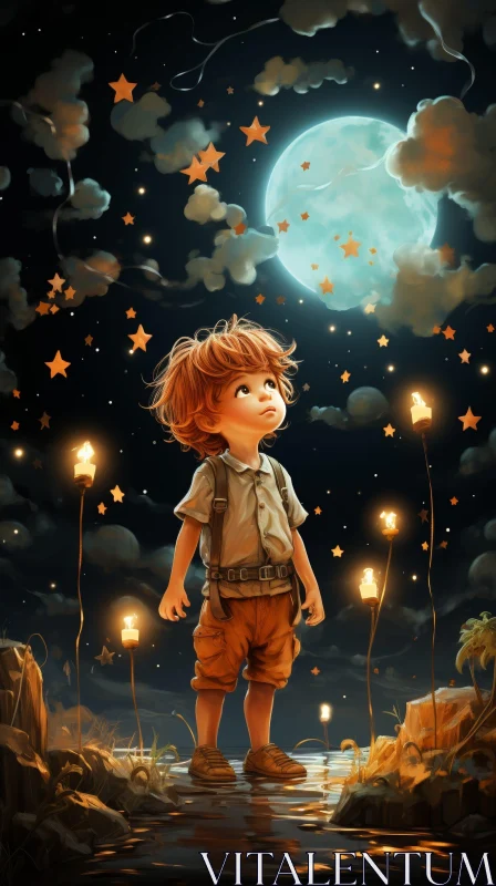 Enchanting Night: A Boy's Journey to the Stars AI Image
