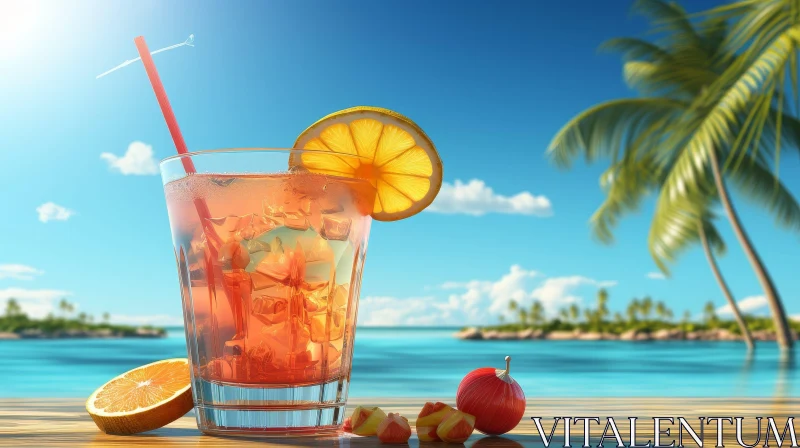 Iced Tea with Lemon on Tropical Beach AI Image