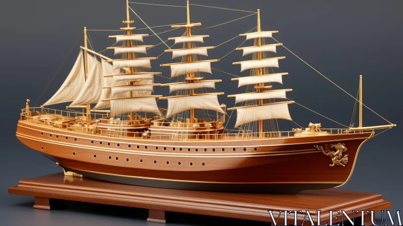 Intricate Wooden Model Ship with White Sails AI Image