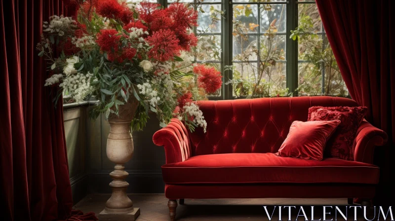 Luxurious Living Room with Red Velvet Sofa and Flowers AI Image