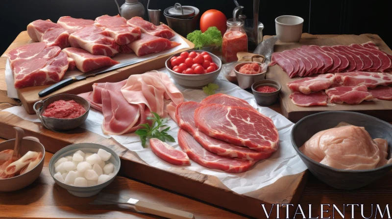 Luxurious Variety of Meats Still Life on Wooden Table AI Image