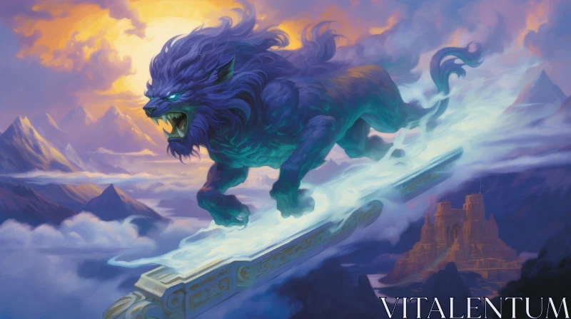 Majestic Blue and Purple Lion Digital Painting AI Image