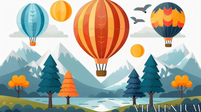 AI ART Mountain Landscape with Hot Air Balloons - Vector Illustration