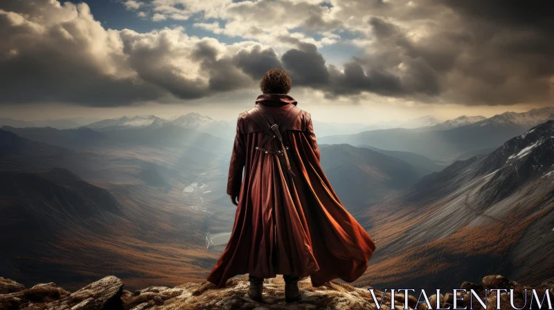 Mysterious Man in Red Cloak on Cliff AI Image