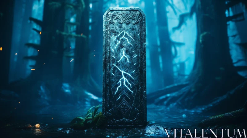 Mysterious Stone Tablet in Dark Forest AI Image