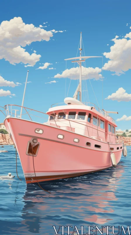 AI ART Pink Boat in Calm Sea - Serene Scene