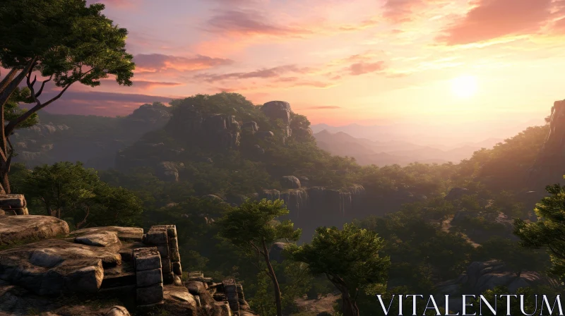 AI ART Serene Valley Sunset with Mountain Range and Ancient Ruins