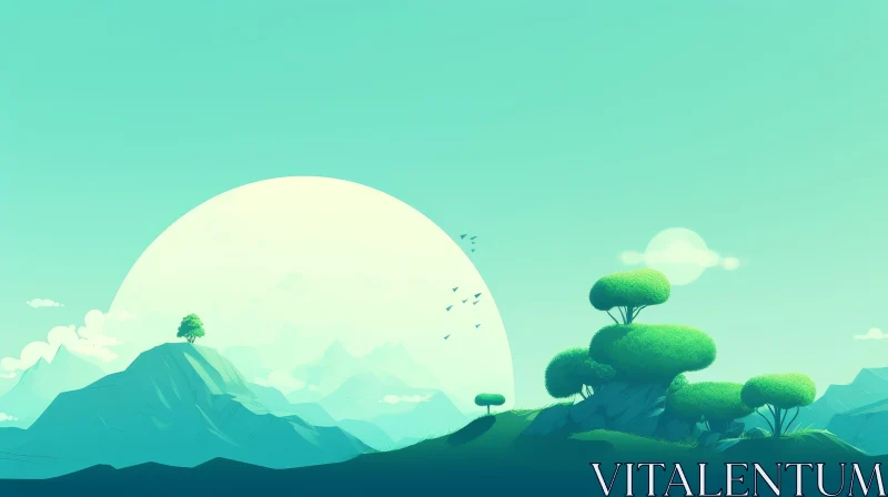 Tranquil Landscape Digital Painting with Moon and Trees AI Image