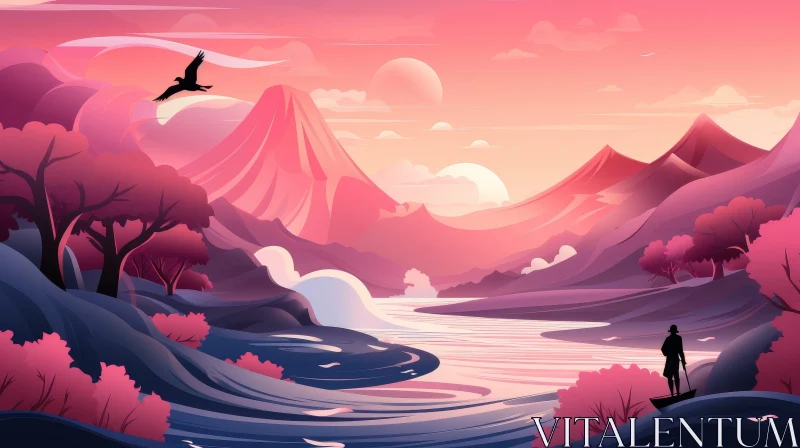 Tranquil Mountain Landscape with River and Sunset AI Image