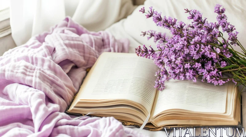 Tranquil Still Life: Open Book and Lavender Bouquet AI Image