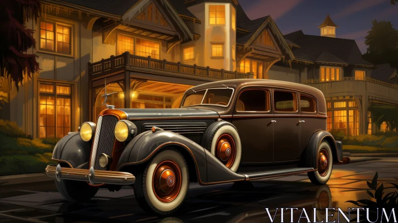 Vintage Black Car Parked in Front of Colonial House AI Image