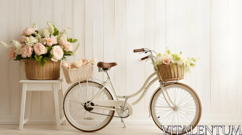 AI ART Vintage White Bicycle with Pink and White Flowers