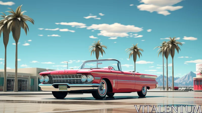 AI ART 1960s Red Convertible Vintage Car Parked Under Blue Sky