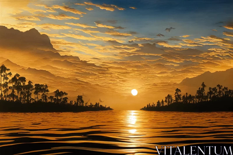 Captivating Sunset Painting: Tropical Symbolism and Realistic Rendering AI Image