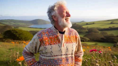 Cheerful Senior Man in Colorful Sweater in Flower Field