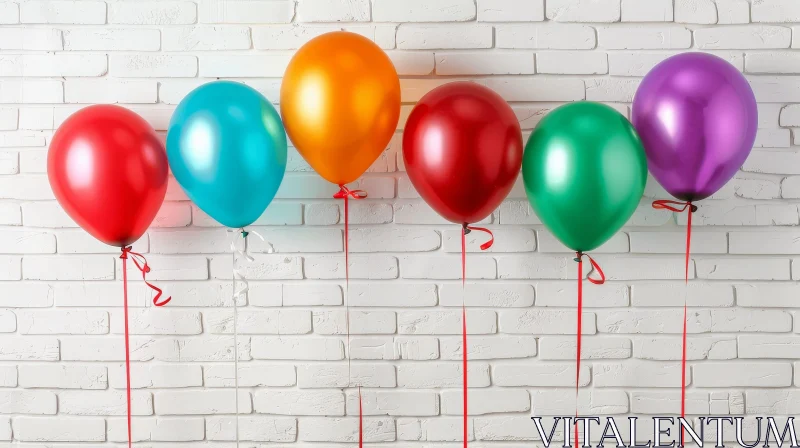 Colorful Balloons on White Brick Wall AI Image