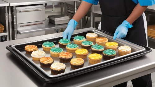 Colorful Cupcakes on Tray in Commercial Kitchen