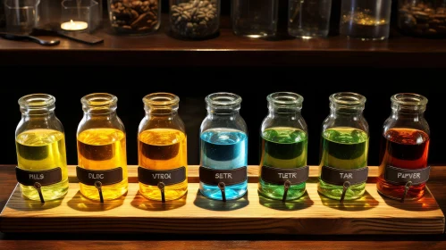 Colorful Glass Bottles Displayed on Wooden Shelf