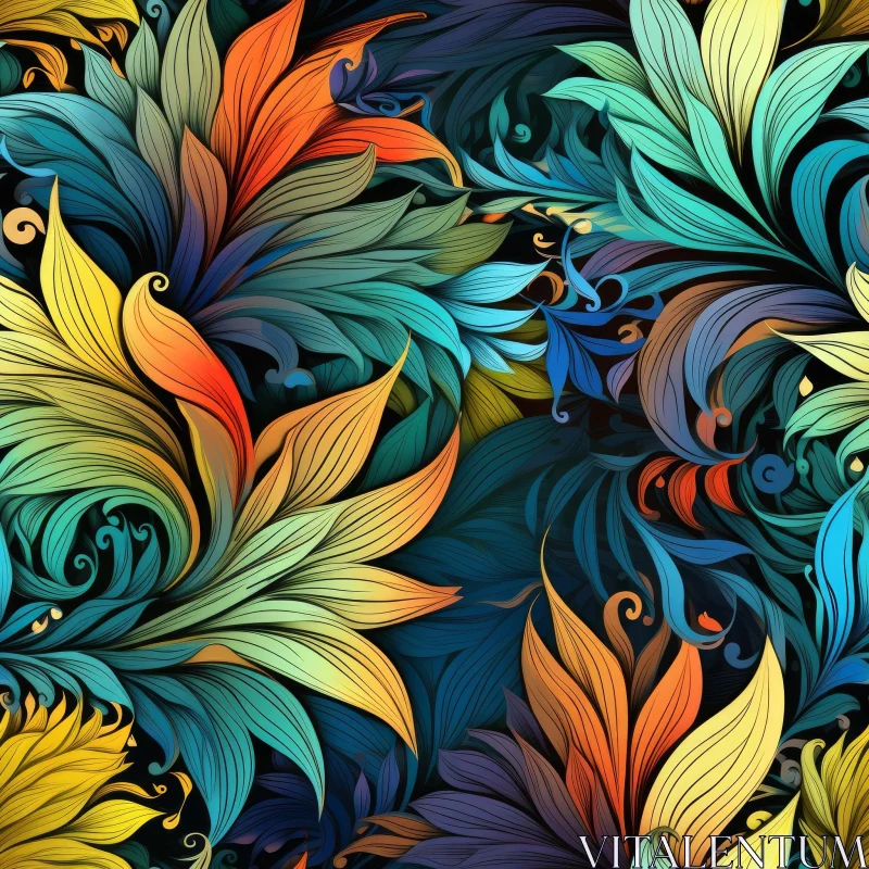 Dark Blue Floral Pattern | Colorful Flowers & Leaves | Seamless Design AI Image