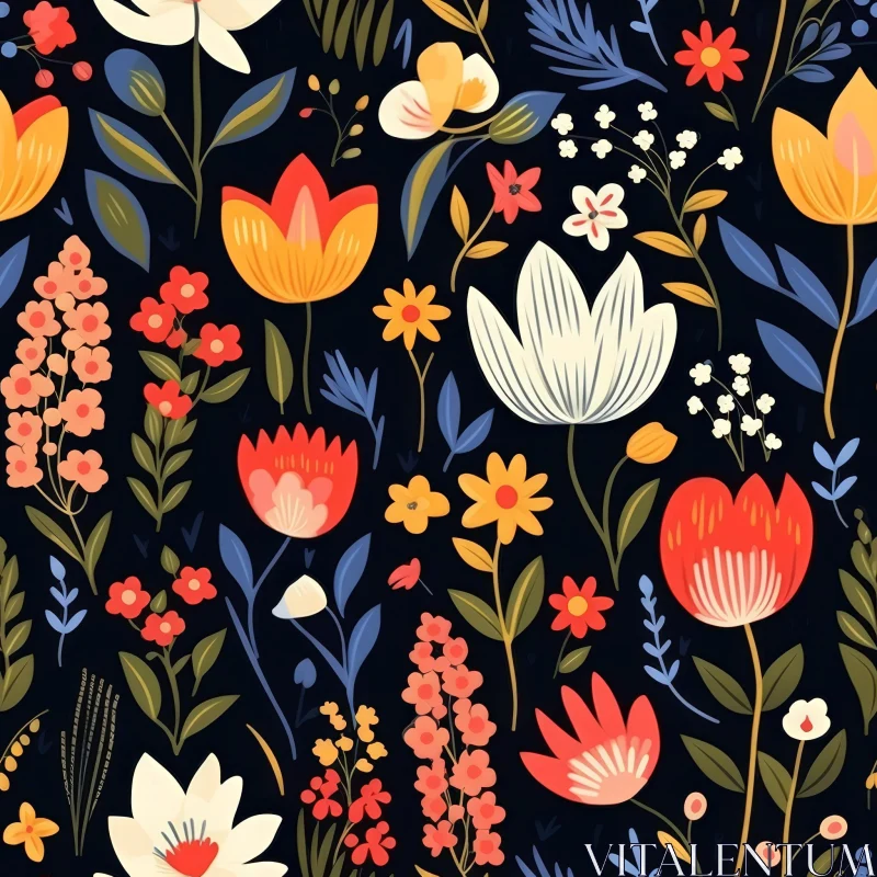 Dark Blue Floral Pattern - Flowers and Leaves Design AI Image