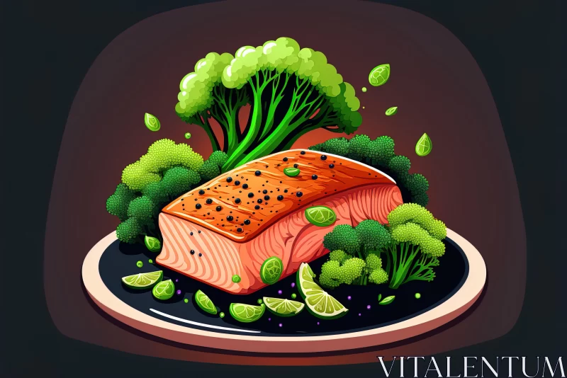 Delicious Salmon and Broccoli Plate Illustration AI Image