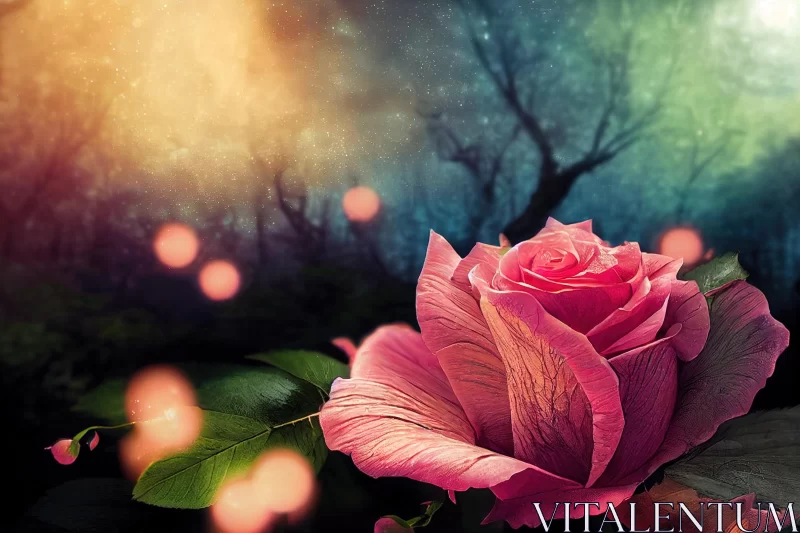 Enchanting Pink Rose with Glittering Lights - Fantasy Landscape AI Image