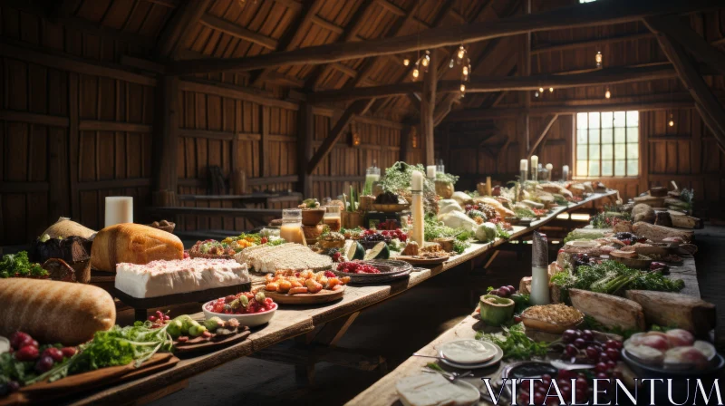Historical Barn Feast: A Cinematic Capture of an Appetizing Array AI Image