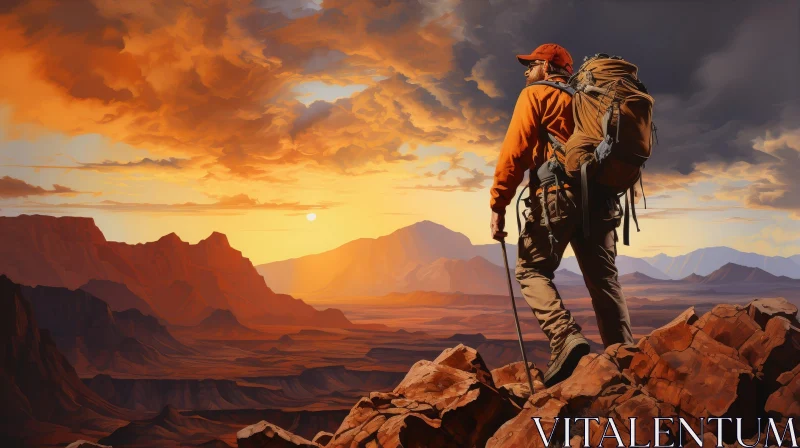 AI ART Man Standing on Rock in Majestic Mountains at Sunset