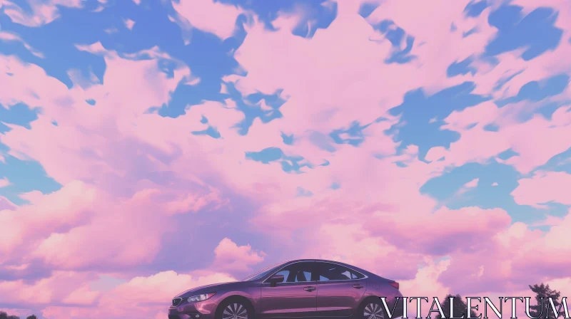 Purple Car on Road Under Pink and Blue Sky with Clouds AI Image