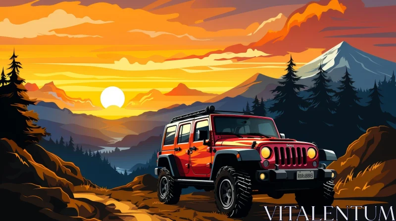 AI ART Red Jeep Wrangler Rubicon Driving in Mountain Landscape
