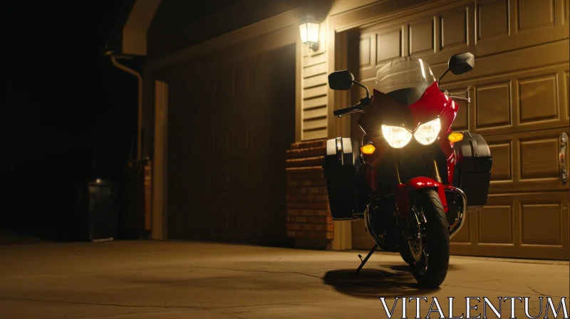 Red Motorcycle Parked in Garage | Illuminated by Light AI Image
