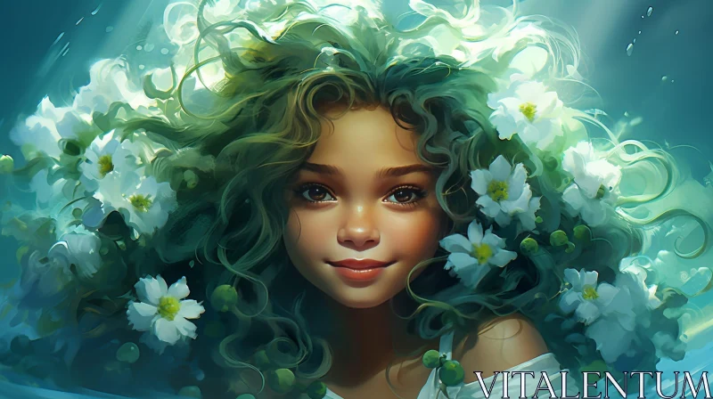 Serene Woman Portrait with Green Hair and White Flowers AI Image