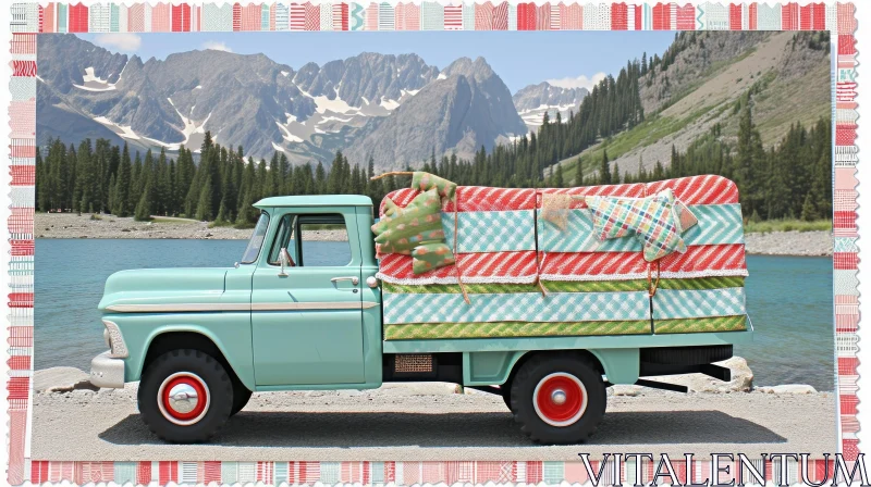 AI ART Tranquil Nature Scene with Retro Pickup Truck and Colorful Quilts