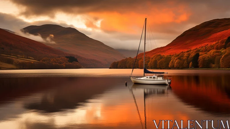 AI ART Tranquil Sunset Lake with Sailboat and Autumn Trees
