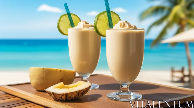 Tropical Pineapple Colada Cocktail on Beach AI Image