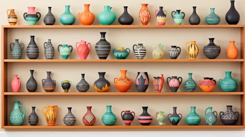 Unique Ceramic Vases Display on Wooden Shelves