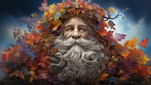 Weathered Old Man Portrait with Autumn Leaves