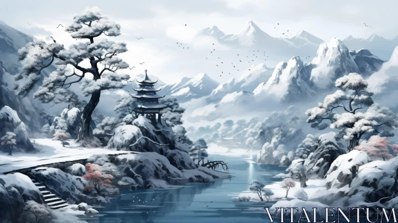 Winter Pagoda Landscape with Snow-Covered River AI Image
