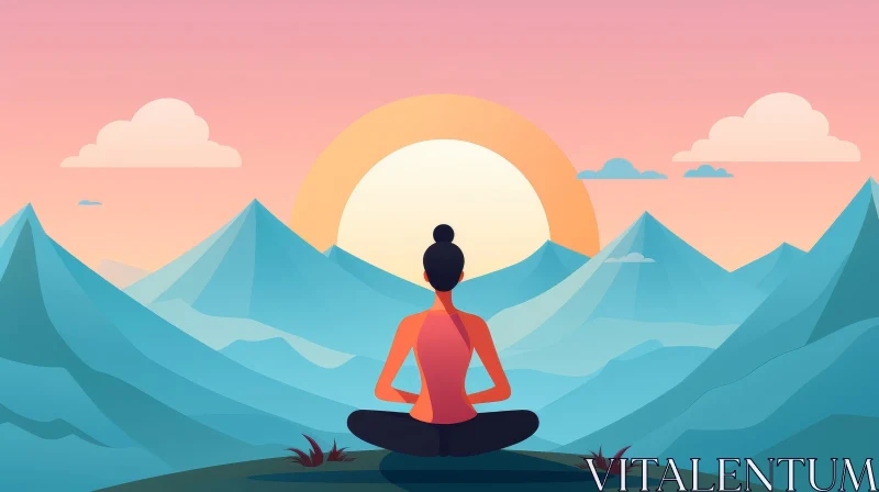 Woman Meditating in Mountains at Sunset - Vector Illustration AI Image