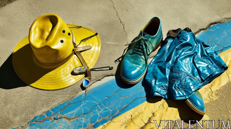 Yellow Hat, Blue Shoes, and Blue Raincoat on Concrete Ground AI Image