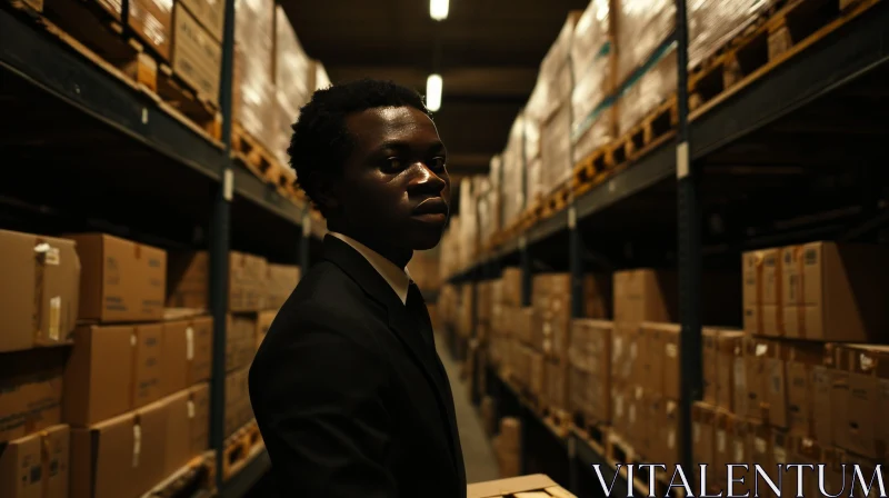 Captivating Portrait of a Young African-American Man in a Dark Warehouse AI Image