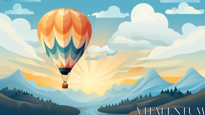 Colorful Hot Air Balloon Landscape in Mountains at Sunset AI Image